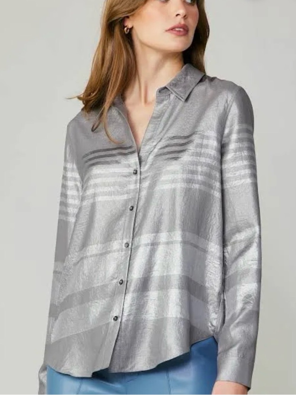 Current Air Metallic Silver Striped Button Down Long Sleeve Top Blouse